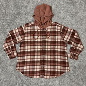 American Eagle Shirt Womens XL Brown Pink Plaid Flannel Hooded Button Up Cotton